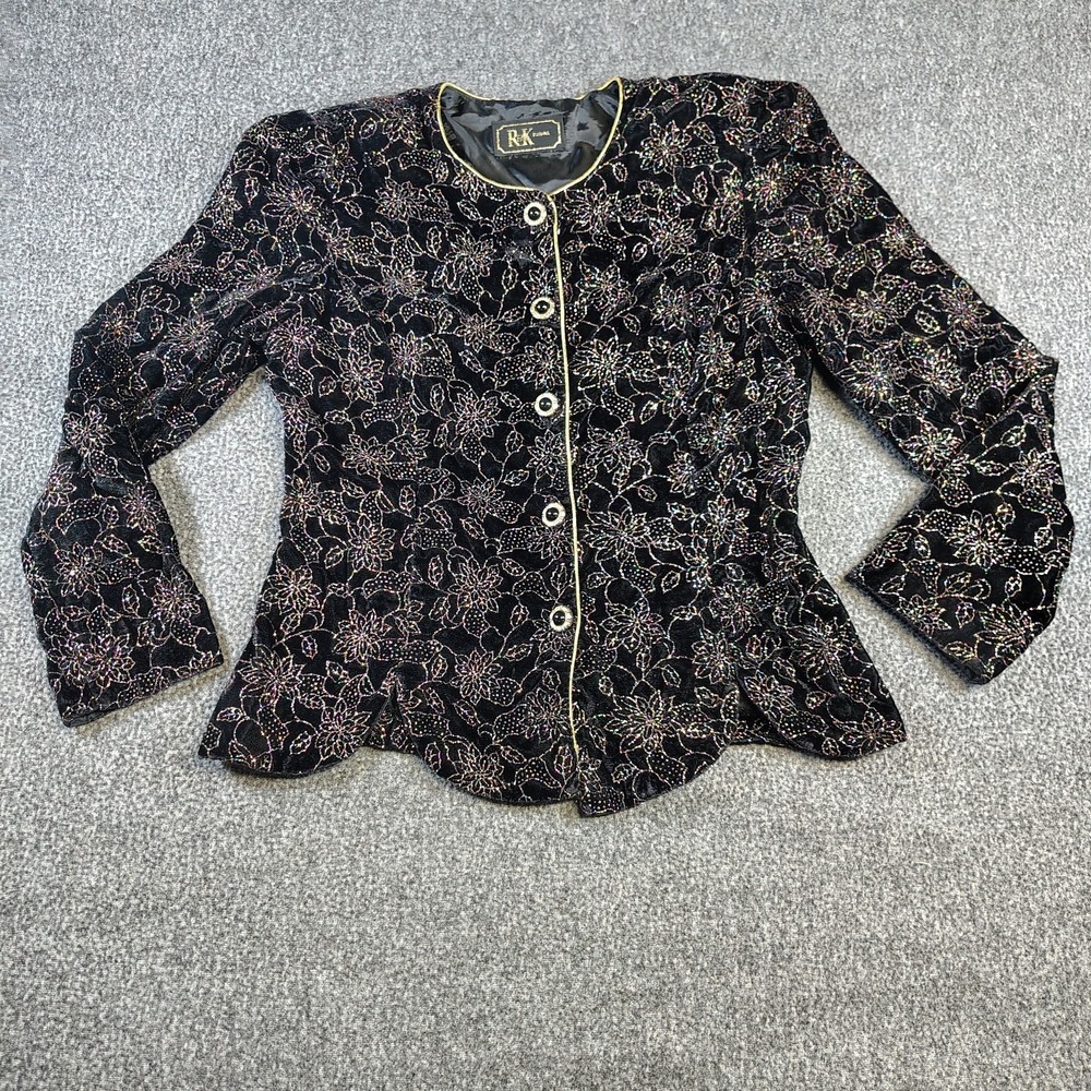 EUC Vintage R&K Evening Black Velvet Embroidered Glitter Flowers Blazer